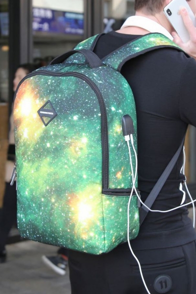 Professional Multipurpose Green Galaxy Printed Business Travel Backpack with USB Charger 31*15*48 CM