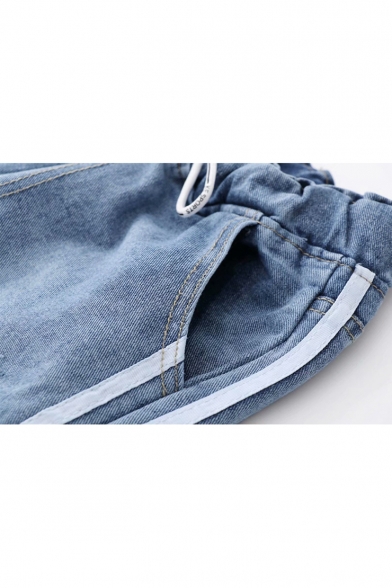 Simple Fashion Stripe Side Drawstring Waist Rolled Cuff Blue Loose Fit Jeans