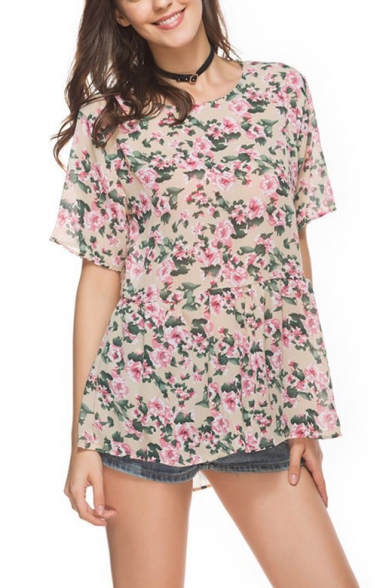 Summer Chic Floral Printed Round Neck Short Sleeve Loose Fit T-Shirt