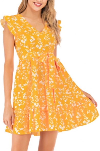 Summer Chic Yellow Floral Printed V-Neck Stringy Selvedge Bow-Tied Waist Mini A-Line Dress
