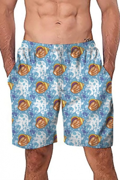 Summer Fashion Allover Sea Snail Printed Mens Blue Beach Shorts Swimming Trunks