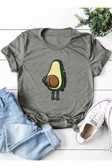 Summer Funny Cartoon Avocado Printed Basic Round Neck Short Sleeve T-Shirt