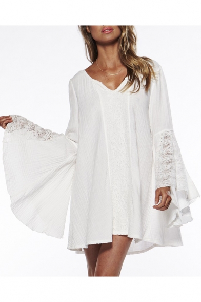 Summer Holiday Solid Color Chic Lace-Patched Bell Sleeve Mini White Dress for Women