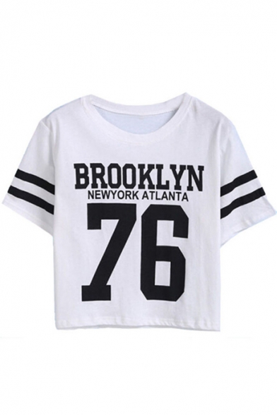 Summer Trendy Letter BROOKLYN 76 Striped Sleeve Round Neck Cropped Cotton Tee