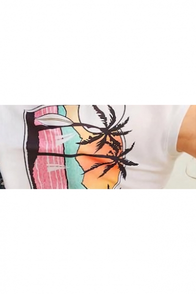Summer Trendy Tropical Coconut Palm Printed Short Sleeve White Casual Tee