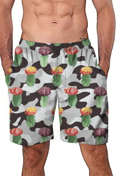 Trendy Allover Cactus Grey Camo Pattern Mens Loose Casual Beach Swim Shorts Board Shorts