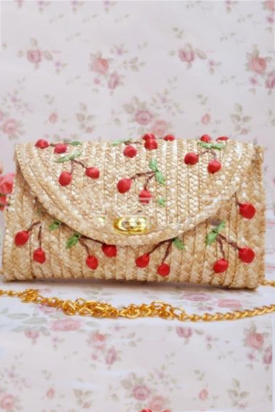 Trendy Cherry Pattern Khaki Straw Crossbody Bag with Gold Chain Strap