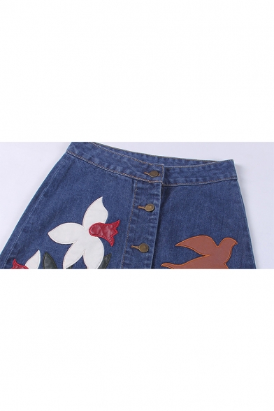 Trendy Floral Embroidery Button Down High Rise Blue Mini A-Line Denim Skirt