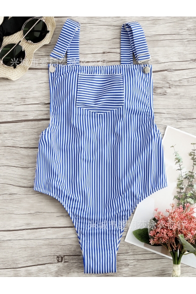 Trendy Vertical Striped Printed Backless High Leg Blue Overall One Piece Swimsuit for Women