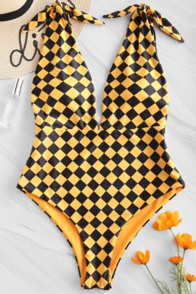 Women's Awesome Unique Yellow Checkerboard Print Bow Tied Straps Plunging Neck Maillot One Piece Swimsuit