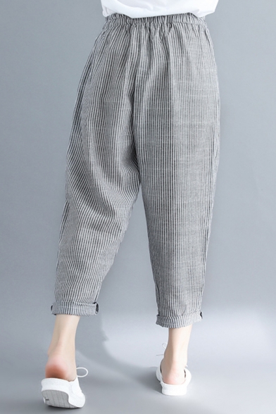 Women's Fashion Stripe Print Elastic Waist Rolled Cuff Casual Grey Carrot Pants