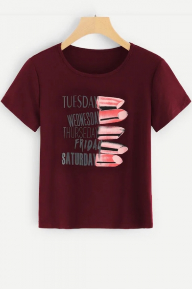 Women's Funny TUESDAY WEDNESDAY Letter Lipstick Print Round Neck Short Sleeves Summer Graphic Tee