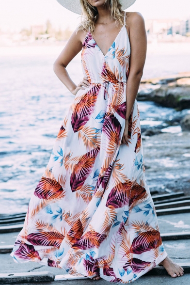 Women's Hot Fashion Leaf Print V-Neck Sleeveless Boho Maxi Beach Dress