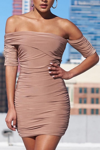 Women's Hot Fashion Plain Pattern Off The Shoulder Short Sleeve Pleated Detail Mini Bodycon Dress