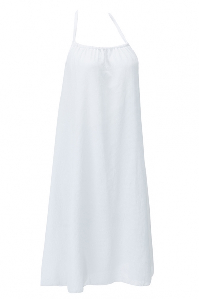Women's Halter Sleeveless Plain Print Backless Mini Slip Dress
