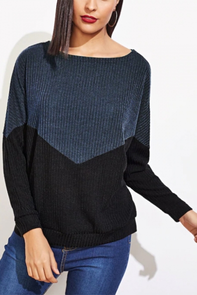 Women's Round Neck Long Sleeve Color Block Ribbed Detail T-shirt