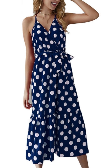 Women's Sleeveless V-Neck polka dot Printed Bow-Tied Waist Midi Beach Slip Dress