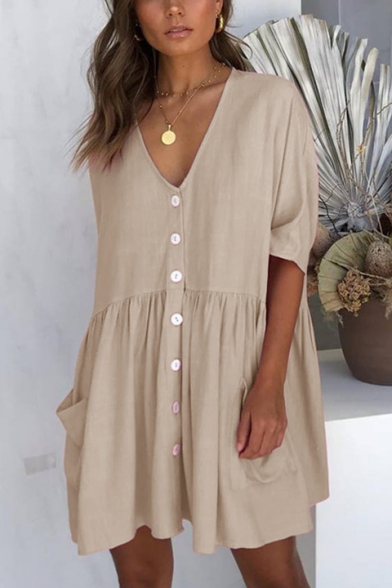 Women's New Plain Printed V-Neck Half Sleeve Button Detail Loose Mini Swing Dress With Pockets