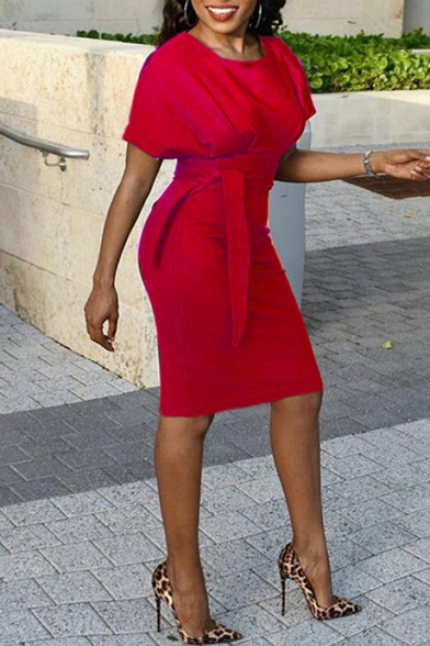 Women's New Stylish Short Sleeve Round Neck Plain Print Tied Waist Midi Bodycon Dress