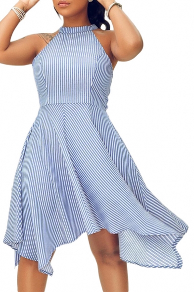 Women's New Trendy Striped Printed Halter Sleeveless Midi Asymmetric Hem Shirt Navy Dress