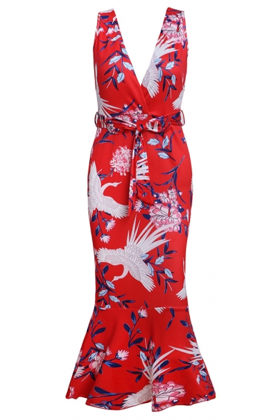 Women's Sexy Floral Print Bow-Tied Waist Plunge Neck Sleeveless Ruffle Side Slim Fit Maxi Wrap Dress