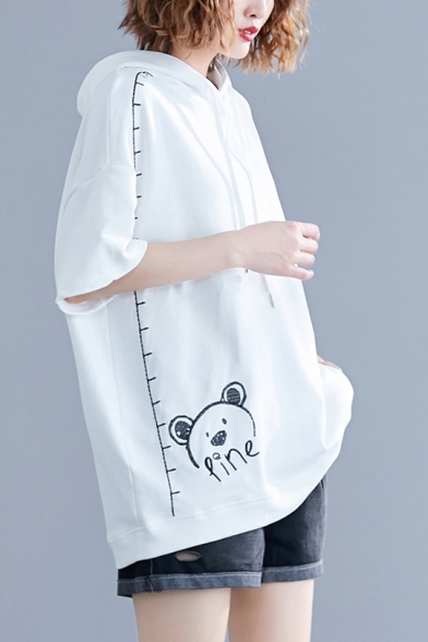 Women's Simple Bear Pattern Short Sleeves Casual Hooded White Plus Size Tee