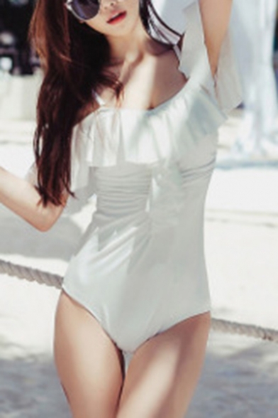 Women's Solid Color Chic Ruffled Hem Cold Shoulder Ruched White One Piece Swimsuit