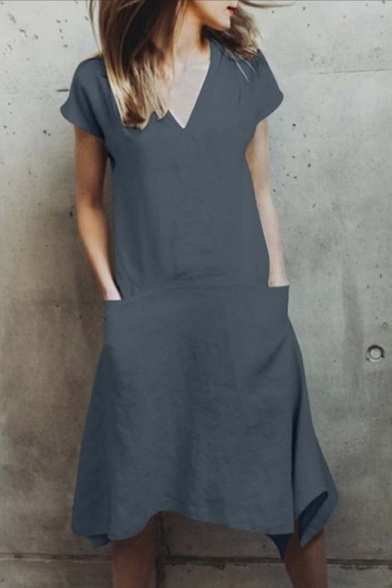 Women's Summer Simple Plain V-Neck Short Sleeve Midi Loose Asymmetrical Cotton Dress With Pockets
