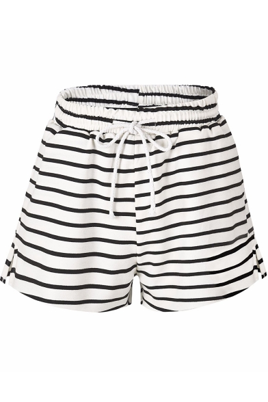 Women's Summer Stylish White Striped Print Drawcord Waist Slit Side Lounge Shorts