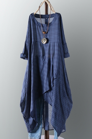 4Clovers Womens Vintage Plaid Long Sleeve Midi Dress Summer Casual Loose Cotton Linen Shirt Dresses Plus Size