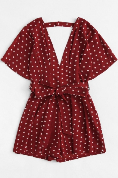 Women's Trendy Polka Dot Printed Sexy V-Neck Bow-Tied Waist Casual Playsuit Romper