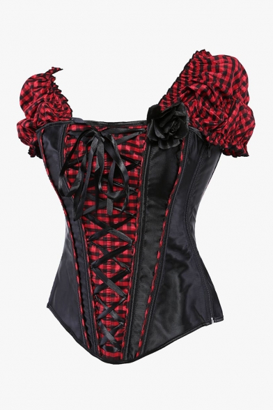 Women's Vintage Steampunk Puff Sleeve Red Plaid Patched Lace-Up Waist Cincher Corset Bustier Top