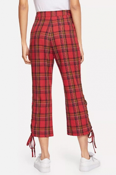Women Vintage Red Plaid Check Print Tie-Up Side Cropped Flare Pants