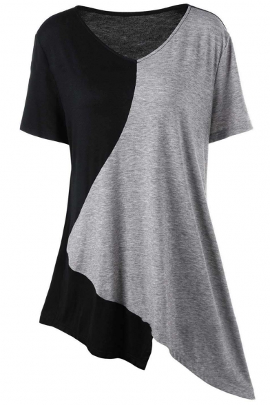 Womens Fashion Color Block V-Neck Short Sleeve Asymmetrical T-Shirt