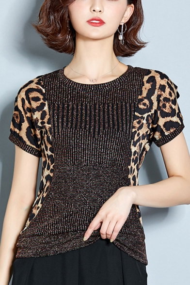 Womens Fashion Leopard Printed Round Neck Short Sleeve Silk Stretch Fit T-Shirt