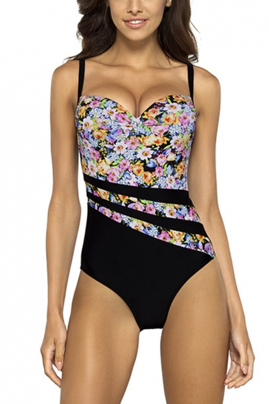 Womens New Chic Floral Pattern Stretch Fit Black One Piece Swimsuit Swimwear