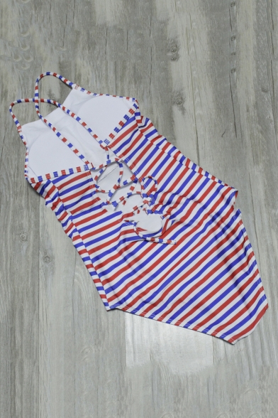 Womens New Fashion Striped Printed Crisscross Back One Piece Swimsuit