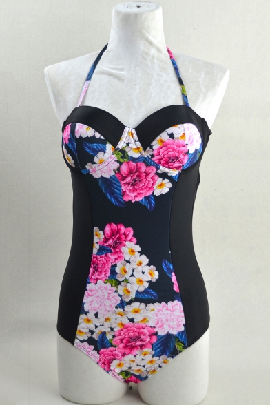 Womens New Trendy Vintage Halter Neck Floral Print Black One Piece Swimsuit Swimwear