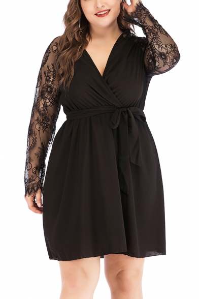 Womens Plus Size Solid Color Lace Long Sleeve V-Neck Wrap Tied Waist Mini A-Line Black Dress