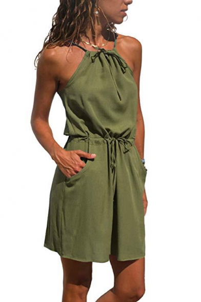 Womens Summer New Trendy Simple Plain Drawstring Waist Mini Sheath Cami Dress with Pocket