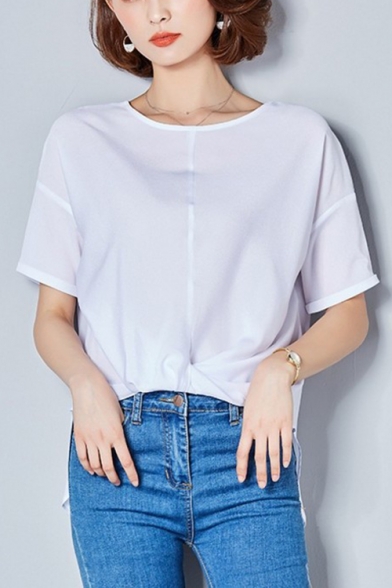Womens Summer Simple Plain Round Neck Short Sleeve Knotted High Low Hem Chiffon Top