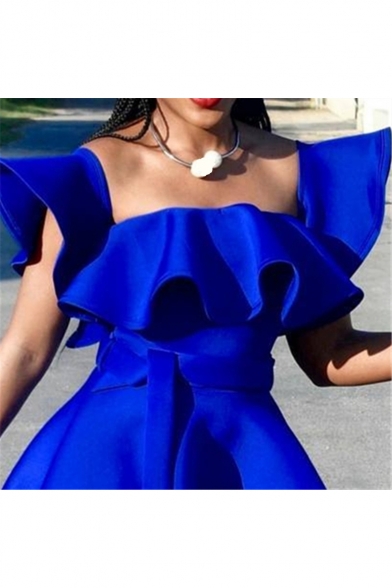 Womens Summer Trendy Plain Blue Square Neck Ruffled Hem Tied Waist Mini A-Line Swing Dress