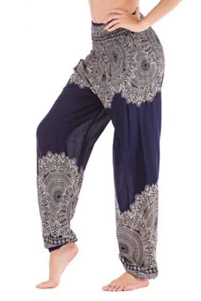 Womens Tribal Printed High Rise Casual Yoga Trousers Baggy Wide-Leg Palazzo Pants
