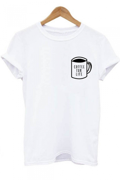 Basic Simple Letter Coffee for Life Cup Short Sleeve Cotton Tee