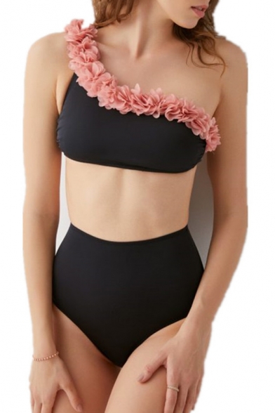 Chic Petal Design One Shoulder Tied Back Sexy Bikini Swimwear