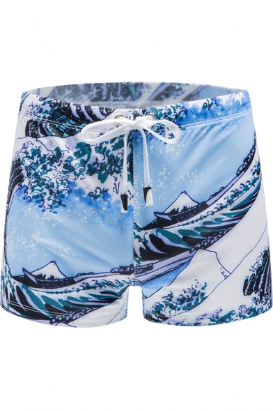 Cool Light Blue Wave Printed Training Shorts Surfing Swim Shorts for Guys
