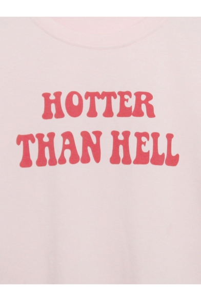 Cool Street Letter HOTTER THAN HELL Printed Basic Short Sleeve Pink Cropped Tee