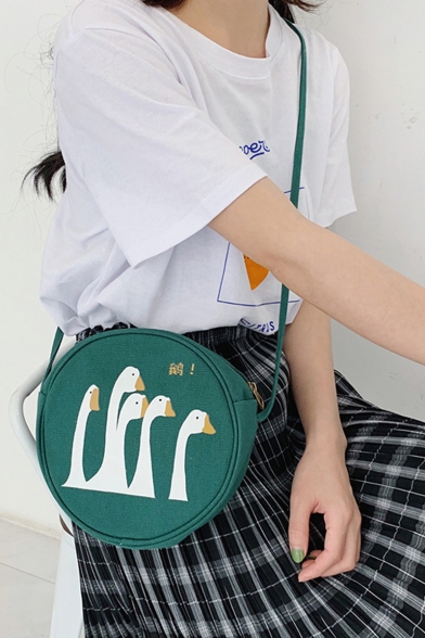 Cute Cartoon Goose Pattern Green Canvas Round Crossbody Bag 19*19*6 CM