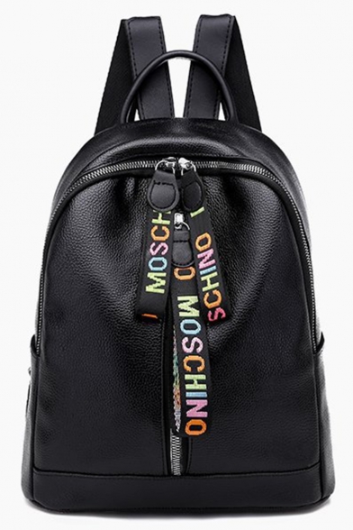Elegant Plain Letter Ribbon Decoration Black Zipper Backpack 25*12*29 CM