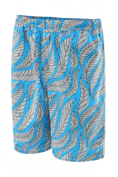 Fancy Men's Blue Tropical Leaf Print Swim Trunks with Mesh Liner and Pockets